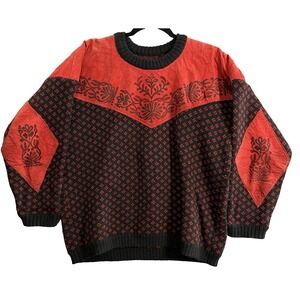 Vtg HALLING NORWAY Men Leather Wool Pullover Sweater Sz M Red Black 38-14